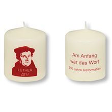 Kerze mit Luthers Kopf, Rückseite "Am Anfang war das Wort"