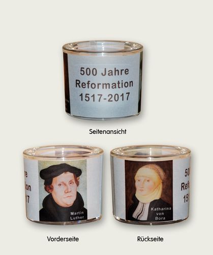 Teelicht mit Bild Martin Luther und Katharina von Bora, hellblau