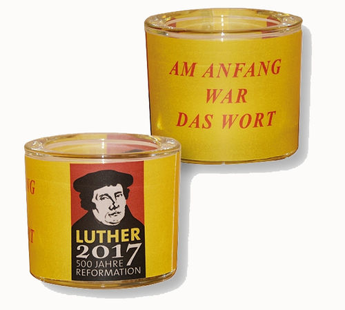 Teelicht mit Bild Martin Luthers und Schriftzug, gelb