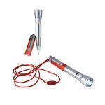 LED-Taschenlampe rot/silber mit integriertem Kugelschreiber an langem roten Band